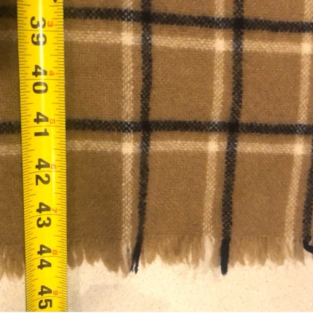 SHETLAND LONG WOOL PLAID SCARF WITH FRINGE TAN BLACK WHITE UNISEX